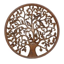 Dunawest 36 Inch Round Wooden Wall Art Decor, Tree of Life Art, Carved Cutout design, Sitting Birds, Walnut