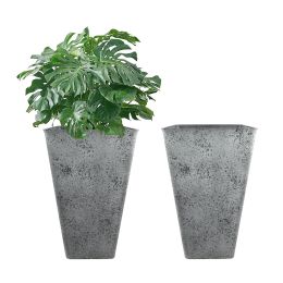 2 Pcs 20"H Tall Planters Plastic Plant Pots with Drainage, 12"W Large Square Tree Pot with Cement Pattern, Cement Gray