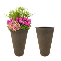 2 Pcs 24"H Tall Planters Plastic Plant Pots with Drainage, 14"W Large Round Tree Pot with Cement Pattern, Rust Brown