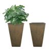 2 Pcs 20"H Tall Planters Plastic Plant Pots with Drainage, 12"W Large Square Tree Pot with Cement Pattern, Rust Brown