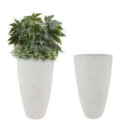 2 Pcs 20" H Tall Planters Plastic Plant Pots with Drainge, 11" W Large Round Tree Pot with Marble Pattern, White