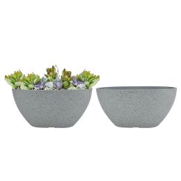 2 Pcs 14" Oval Plant Pots, Flower Pots with Drainage Holes, Plastic Planter with Marble Pattern for Home Garden, Light Gray