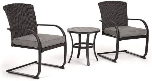 Grand patio 3 Piece Outdoor Bistro Set with Cushioned Wicker Spring Chairs and Metal Side Table