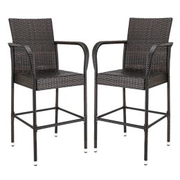 Free shipping 2Pieces Upgraded Wicker Bar Stool Chairs Outdoor Backyard Rattan Chair w/Iron Frame, Armrest and Footrest  YJ