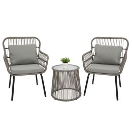 3-Piece Patio Conversation Bistro Set, Outdoor All-Weather Wicker Furniture for Porch, Backyard w/ 2 Wide Ergonomic Chairs, Cushions, Glass Top Side T