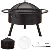 Outdoor Portable 32 Inch Steel Round Fire Pit with BBQ Grill, Cooking Grate, Spark Screen, Fire Poker, Cover, Fireplaces for Outside wood burning