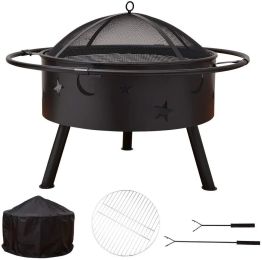 Outdoor Portable 32 Inch Steel Round Fire Pit with BBQ Grill, Cooking Grate, Spark Screen, Fire Poker, Cover, Fireplaces for Outside wood burning