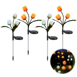 Solar Power Flower Garden Stake Landscape Fairy Lamp Outdoor Yard Path LED Light Yellow+White Tulip Garden Lights 2Pcs