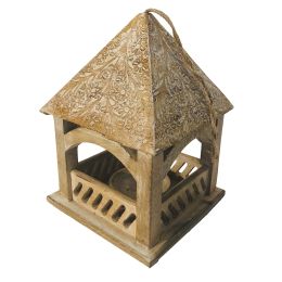 DunaWest Floral Engraved Decorative Temple Top Mango Wood Hanging Bird House with Feeder, Brown