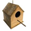 DunaWest Hut Shape Decorative Mango Wood Hanging Bird House with Engraved Details, Distressed Brown
